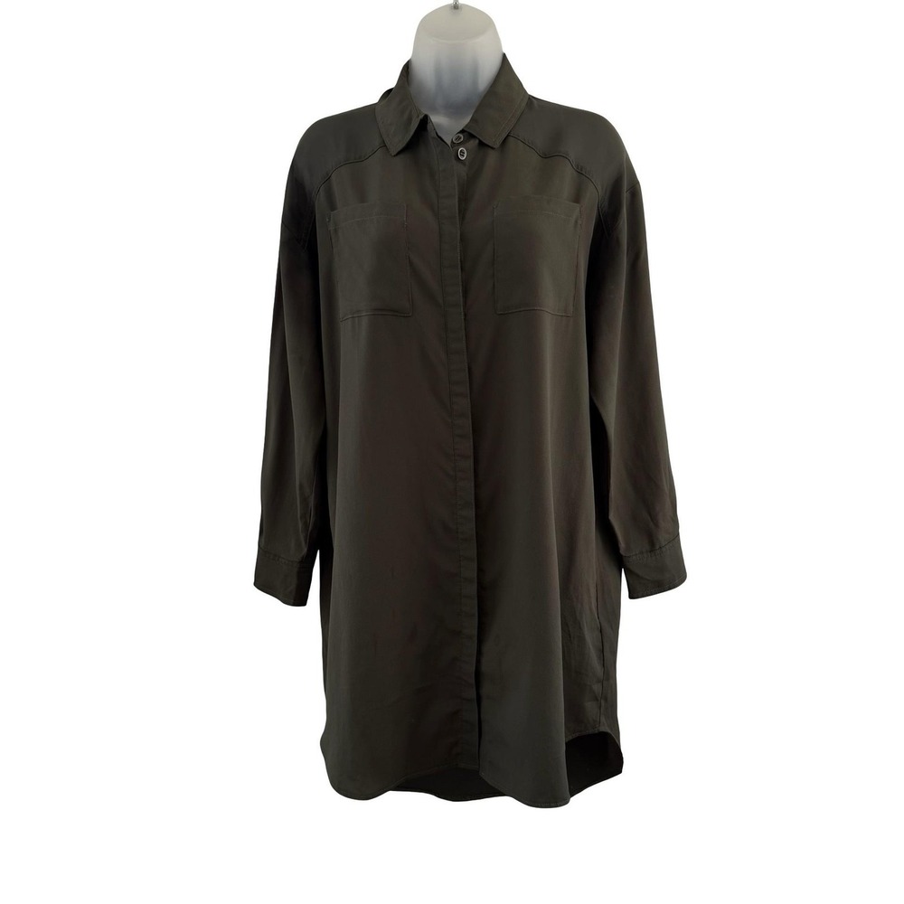 Gestuz Tunic Shirt Womens 34 US 2 Green Sheer Panel Button Utility Army Pockets - Picture 3 of 16
